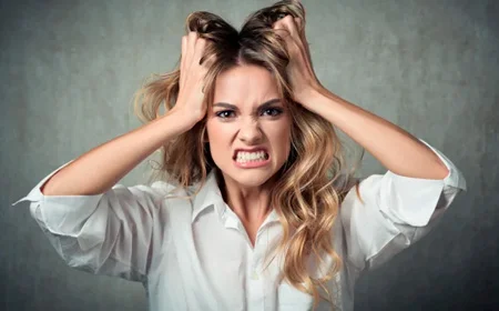 Девушка держит себя за волосы